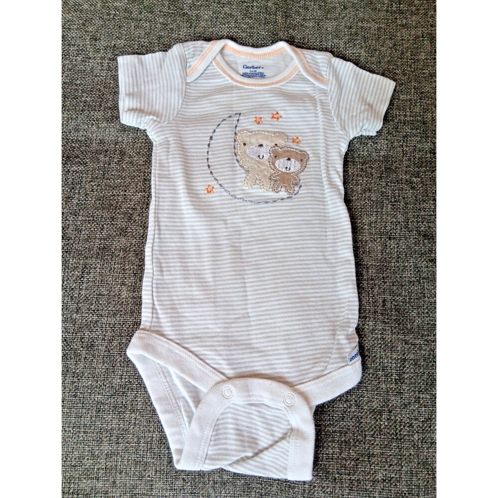 Gerber Shirt 0 To 3 month Boys White Gray Pinstripe Short sleeve Snap Bears Moon